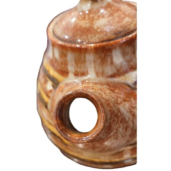 Art Pottery Brown striped and white drip glaze teapot signed - Picture 3 of 13